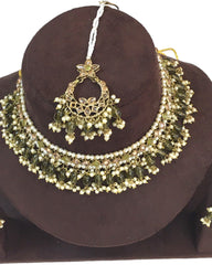Henna Green - Large Size Antique Gold Finish Necklace Set with Earrings - JE19  C 0424