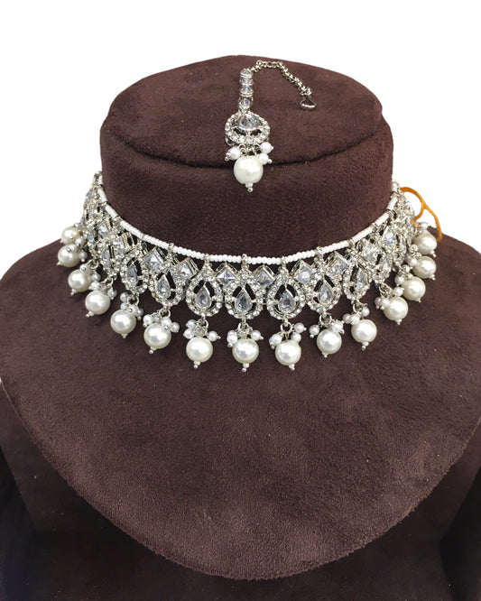 Clear - Medium Size Silver Finish Choker Necklace Set with Earrings - RAK149  C 0424