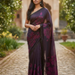 Wine / Black Floral - Classic Satin Crepe Saree with Stone Work and Blouse Piece - UK stock - 24hr Dispatch - RS2537 TV