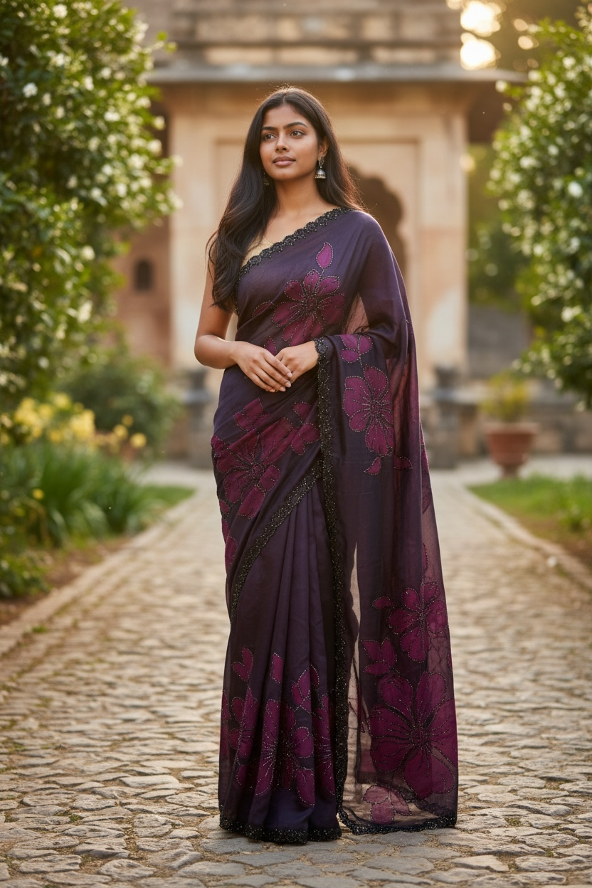 Wine / Black Floral - Classic Satin Crepe Saree with Stone Work and Blouse Piece - UK stock - 24hr Dispatch - RS2537 TV