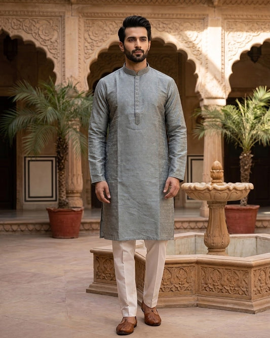 Light Grey / Silver - Men’s Embroidered Jacquard Kurta Set with Trousers - UK Stock - Weddings / Walimas , Sangeet, Diwali, Eid, Mehndi / Henna - VEE2725 VK