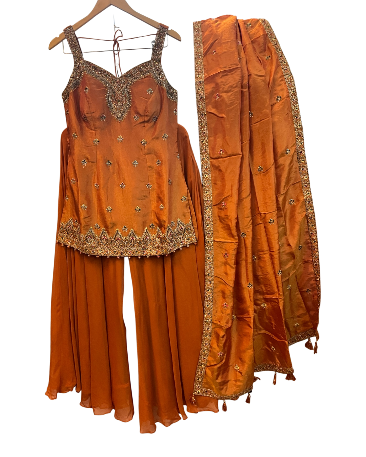Size 12 (38") - Rust / Burnt Orange - Designer Ladies Medium Length Sleeveless Top Palazzo Trousers Suit - VMK Varuna RA