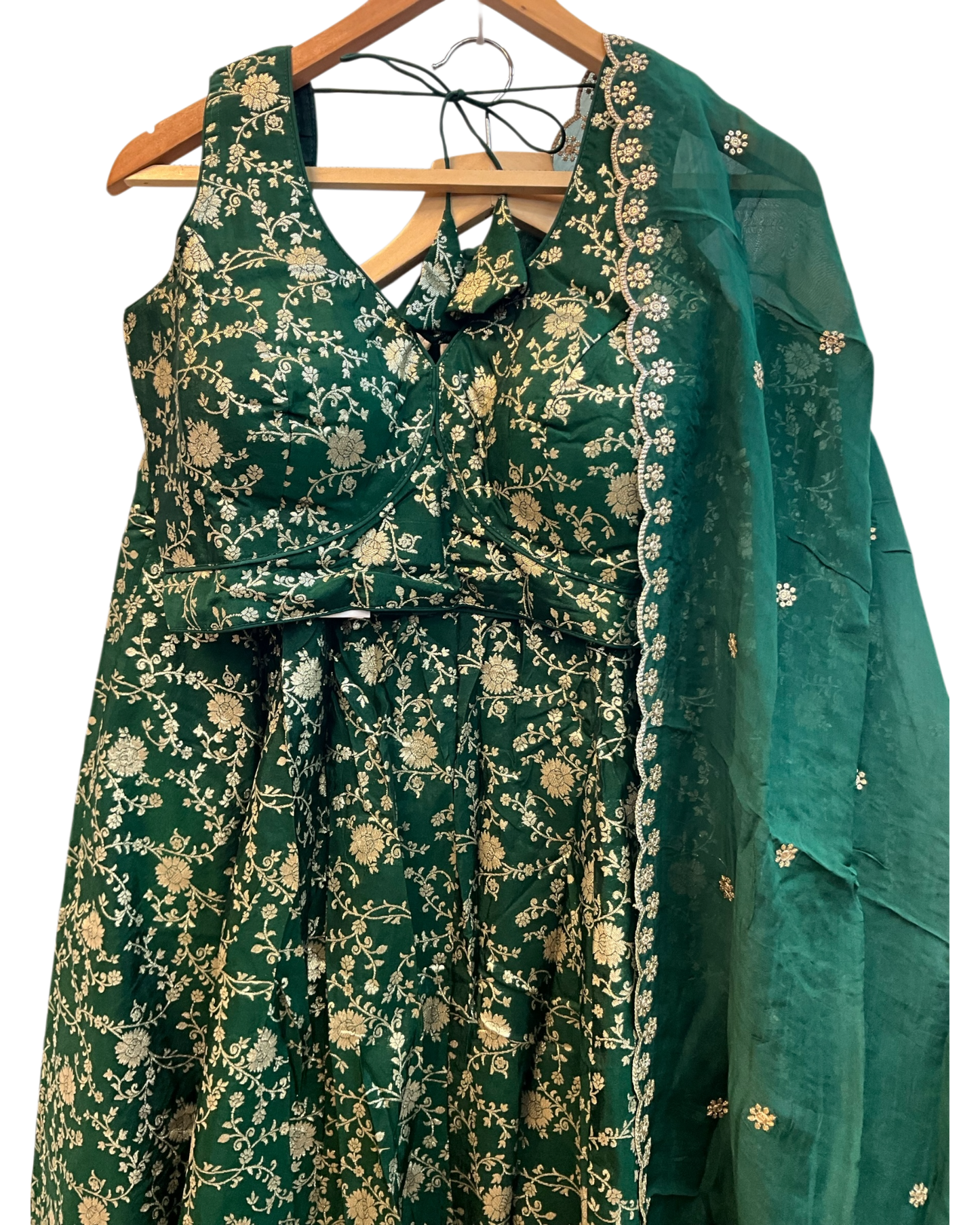 Bottle Green - Banarasi Brocade Silky Lehenga Set - Mehndi / Sangeet / Bridesmaids / Weddings / Garba  - Size UK 12 (38" Bust) Adjustable to Size 14 - UK Stock - 24h Dispatch - AF2601 02VP26