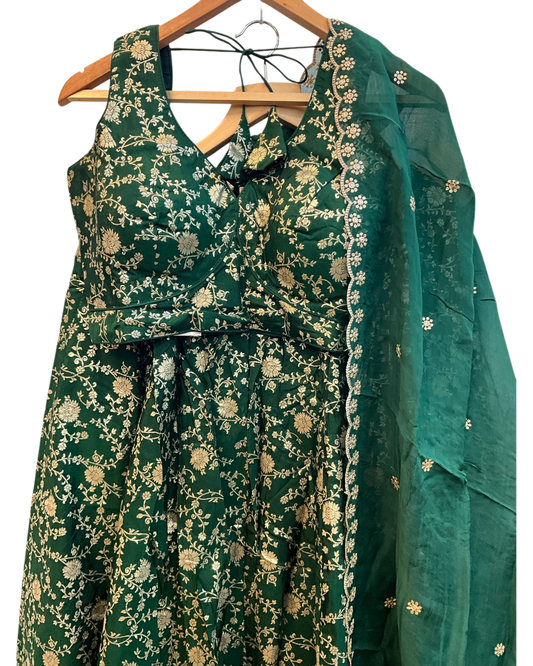 Bottle Green - Banarasi Brocade Silky Lehenga Set - Mehndi / Sangeet / Bridesmaids / Weddings / Garba  - Size UK 12 (38" Bust) Adjustable to Size 14 - UK Stock - 24h Dispatch - AF2601 02VP26