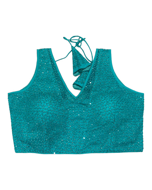 Light Turquoise - Fully Embroidered V neck Saree / Lehenga blouse - With Cups - Margin to loosen - UK Stock - AF2343 H 0923