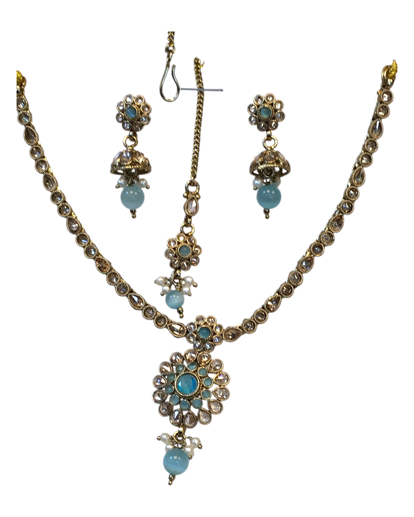 Light Blue - Small Size Antique Gold Finish Necklace Set with Earrings & Head Piece /Tika- SLV79  11A24