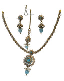 Light Blue - Small Size Antique Gold Finish Necklace Set with Earrings & Head Piece /Tika- SLV79  11A24