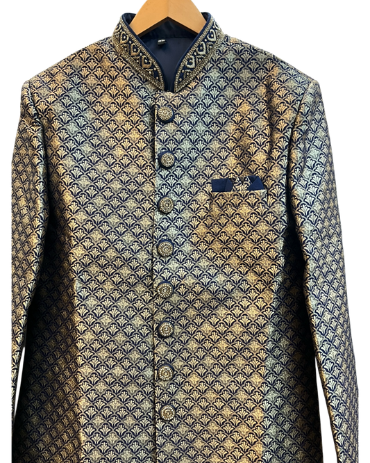 Navy Blue - Rich Banarasi Briocade Mens Sherwani Set with Smart Pants - Weddings / Walimas , Sangeet, Eid, Mehndi / Henna - SHU2601 TV 0526