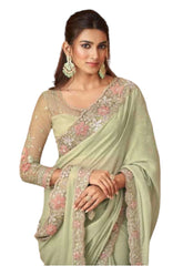 Mint Green - Crepe Silky Saree with Fancy Ready made Blouse - ANM12009 VA 1123