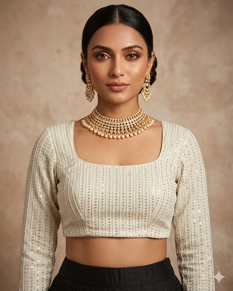 Size 38" / UK 12 - Cream - Rich Sequins Embroidered Long Sleeve Saree blouse with cups - UK Stock - Quick Delivery - RNK - R860-KA