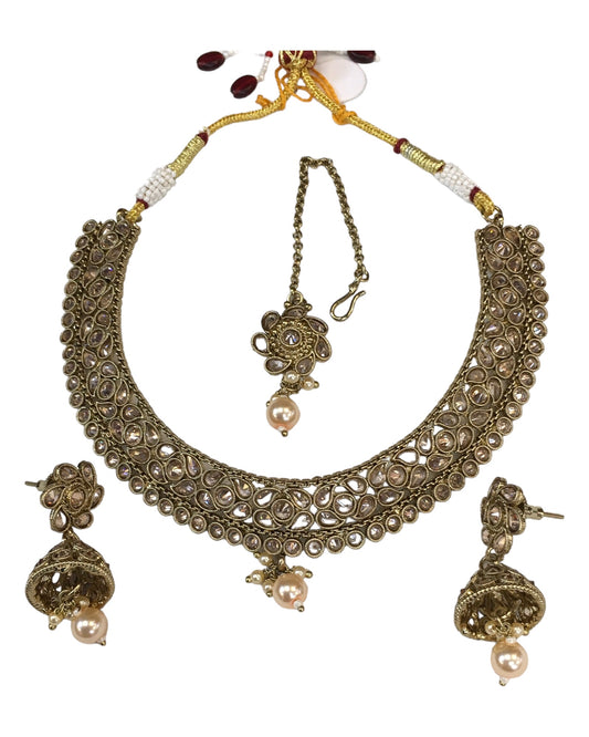 Gold/Clear - Medium - Antique Gold Finish Necklace Set with Earrings - DAJ474 H 0724