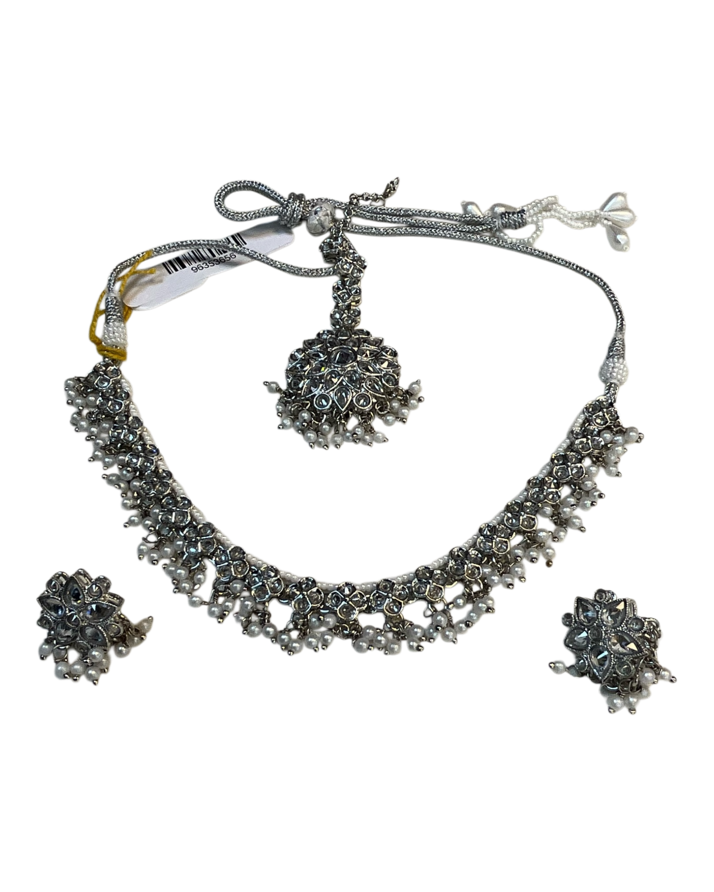Pearl - Medium Size Silver Finish Necklace Set with Earrings & Head Piece - RAK436 04A26