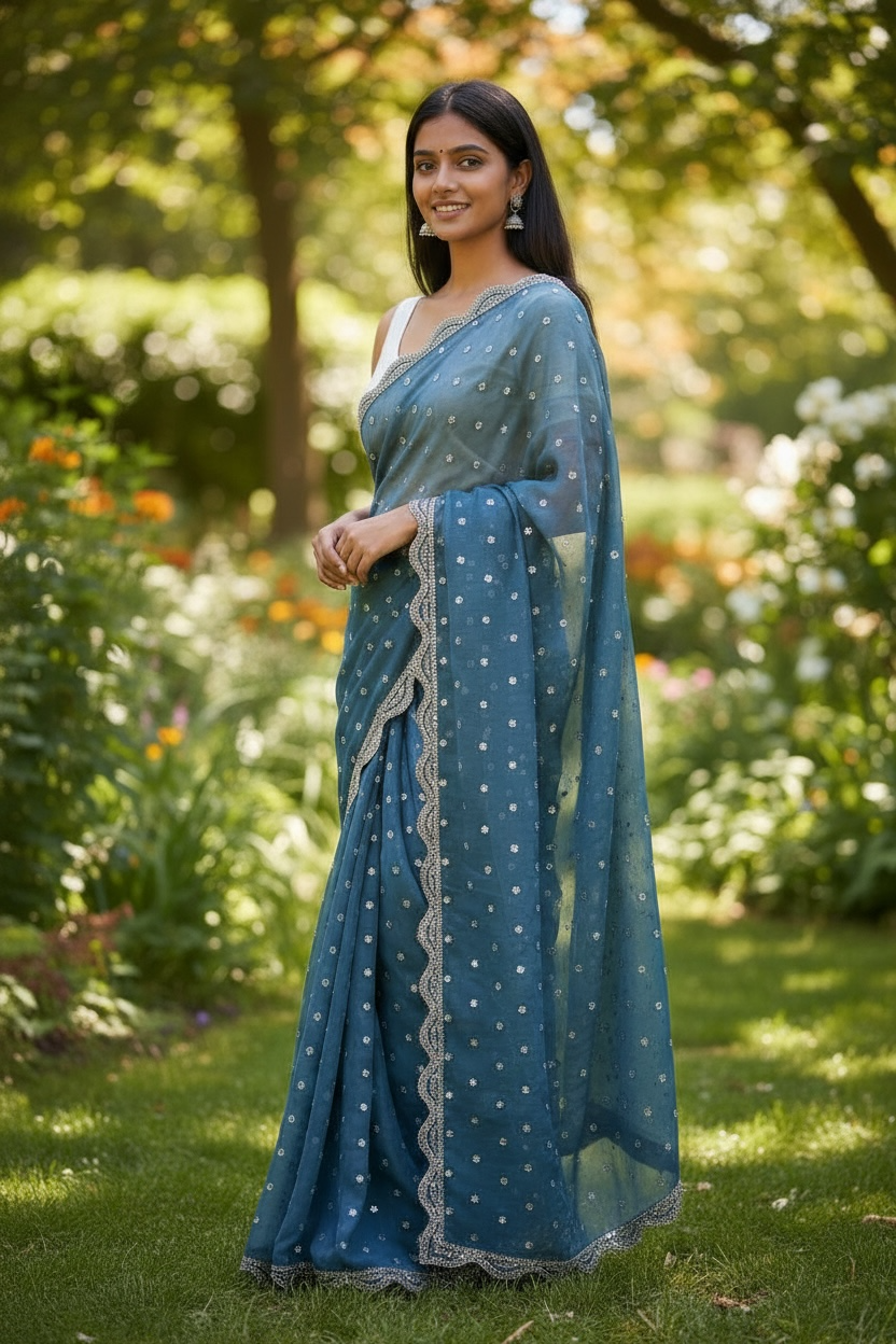 Sky Blue - Rich Saree with Stone Work Border and Blouse Piece - UK stock - 24hr Dispatch - RS2501 JK