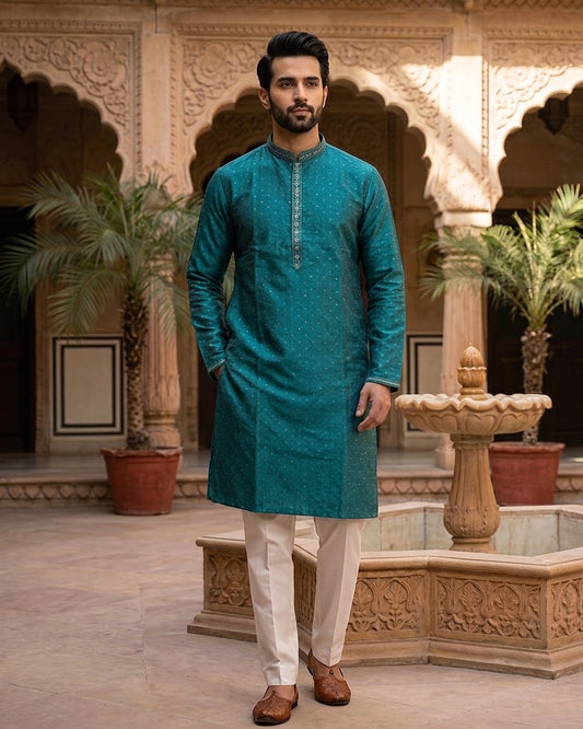 Jade Green - Banarasi Handloom Brocade Mens Indian Kurta set with Trousers - UK Stock - Weddings / Walimas , Sangeet, Diwali, Eid, Mehndi / Henna - VEE3133 VY