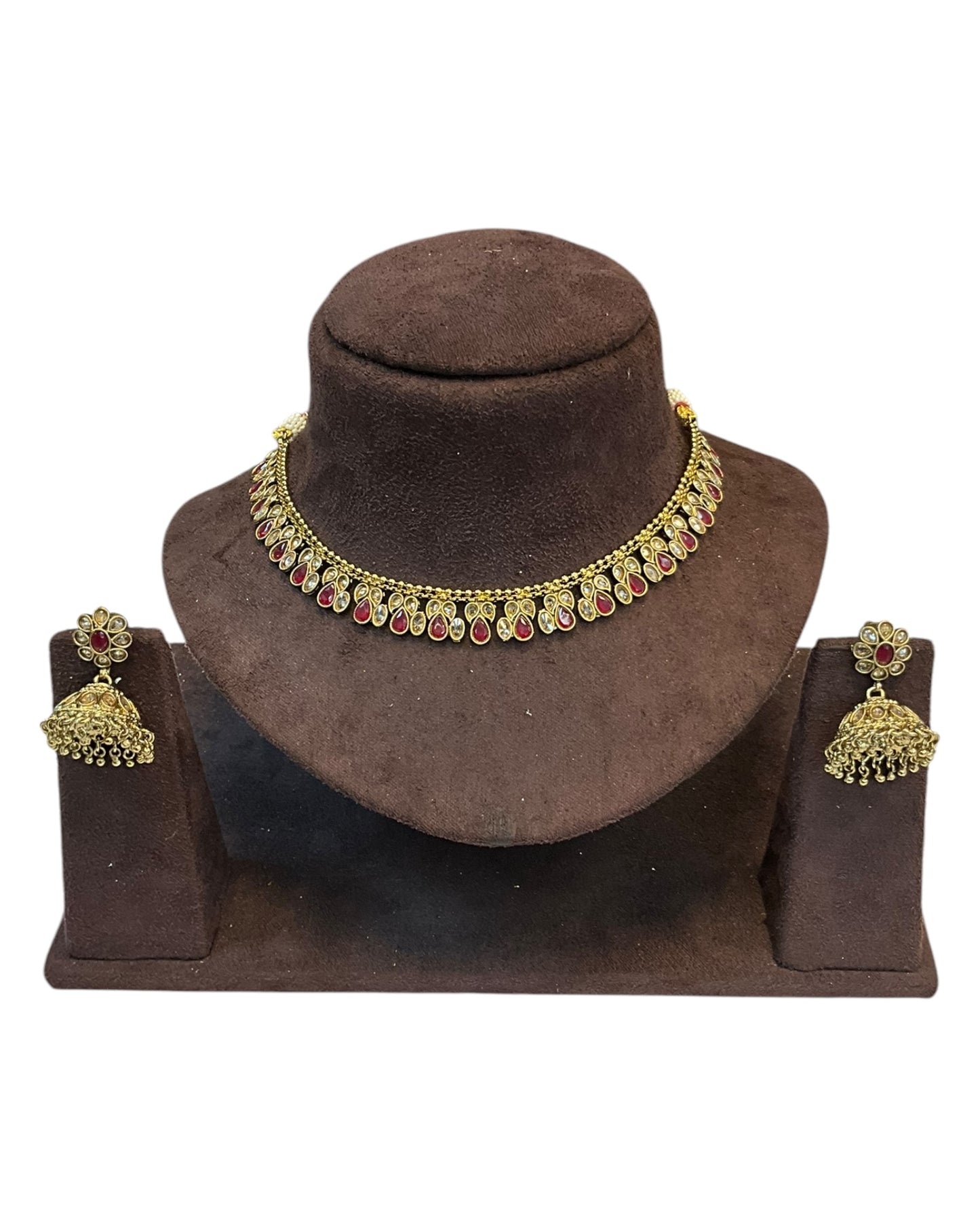 Magenta - Medium Size Antique Gold Finish Necklace Set - AE2508 H 0525