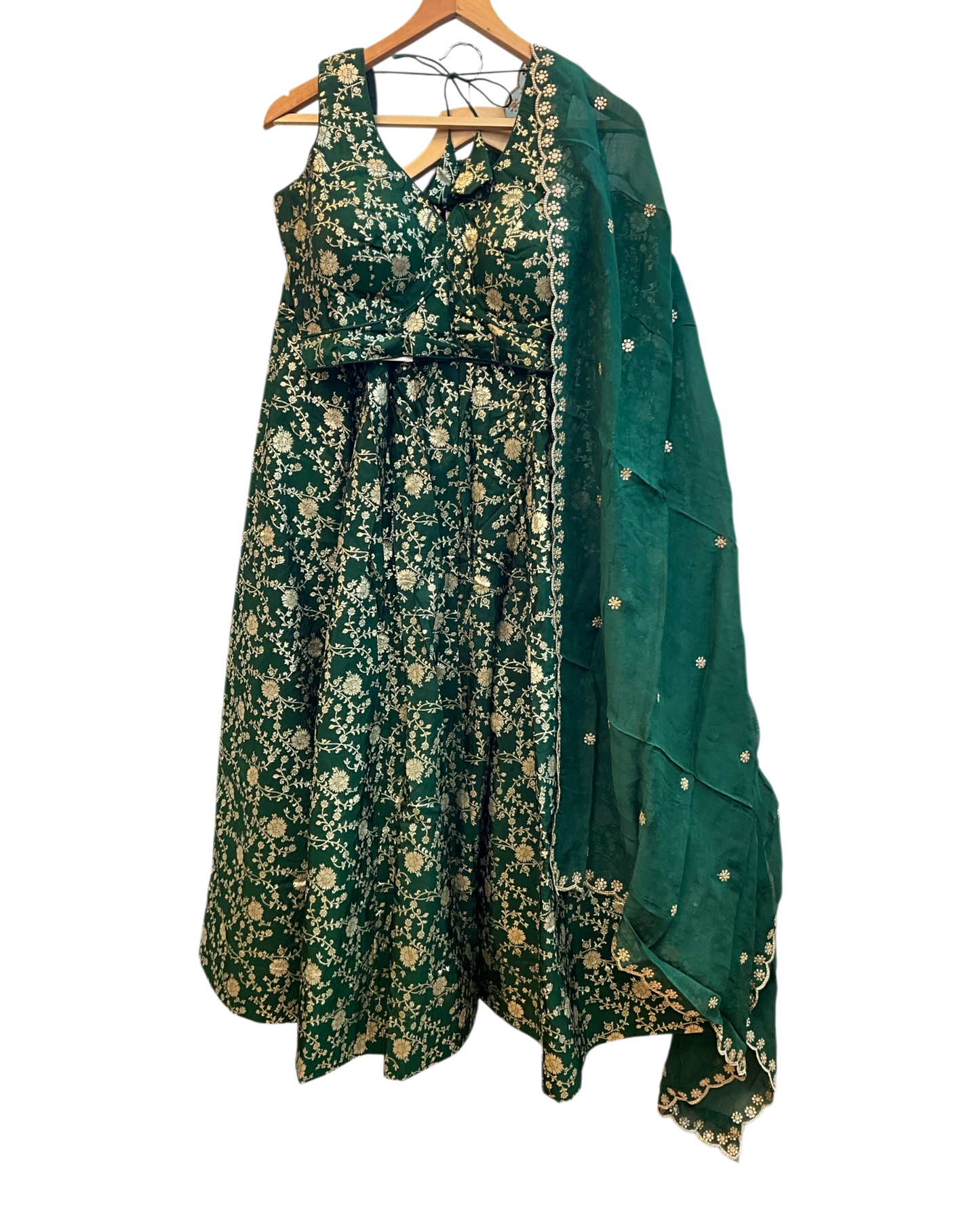 Bottle Green - Banarasi Brocade Silky Lehenga Set - Mehndi / Sangeet / Bridesmaids / Weddings / Garba  - Size UK 12 (38" Bust) Adjustable to Size 14 - UK Stock - 24h Dispatch - AF2601 02VP26