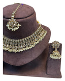 Gold / Neutral / Pearl - Large Size Antique Gold Finish Necklace Set with Earrings & Tika Head piece - PRI1787  KY 0525