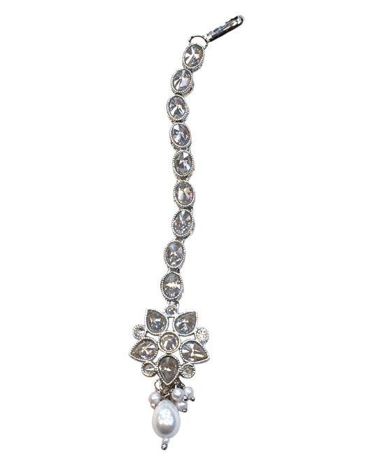Clear / White - Silver Finish Small Size Tika Head Piece - Indian Ladies Fashion Jewellery - AE2434 11Vp24