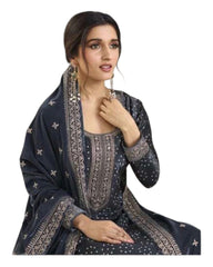 Dark Grey - Rajastahan Print Velvet Ladies Indian Salwar Suit with Dupatta - KK65676 TA 1023