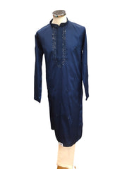 Navy Blue -  Silky Self Emroidered Mens Indian Kurta set Sangeet, Temple, Eid, Mehndi or Funeral ( with Draw stringed trousers) - YD2407 KR 0324