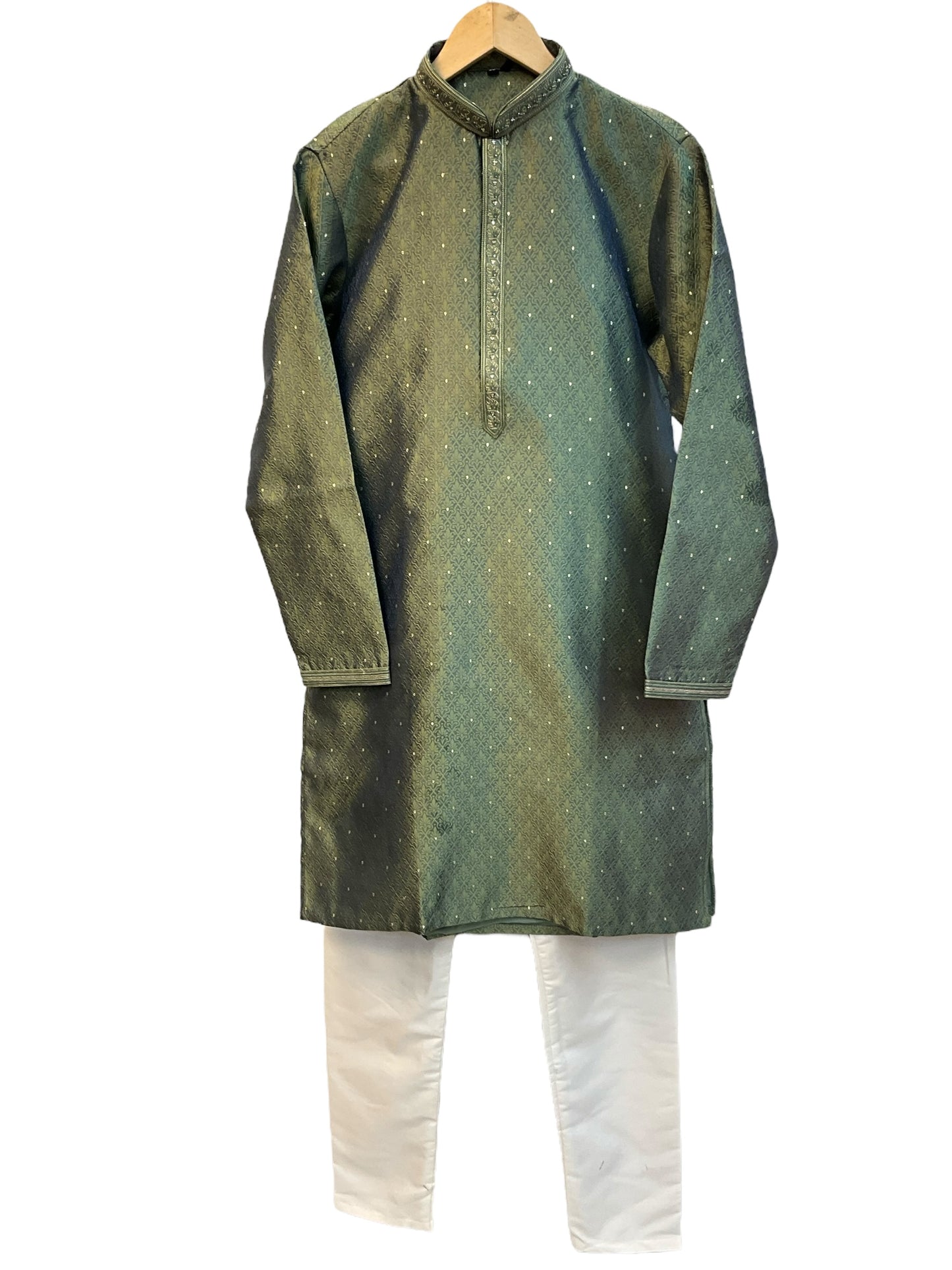 Sage Green - Banarasi Handloom Brocade Mens Indian Kurta set with Trousers - UK Stock - Weddings / Walimas , Sangeet, Diwali, Eid, Mehndi / Henna - VEE2443 VR