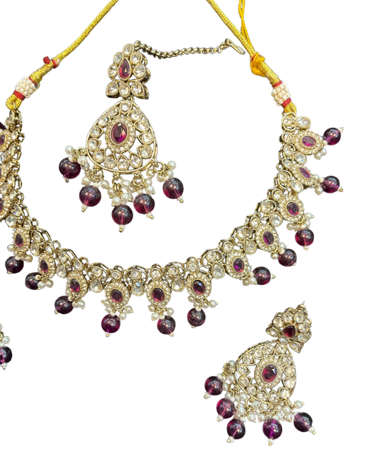 Purple - Large Size Antique Gold Finish Necklace Set with Earrings & Tika (Head Piece) - UK Stock - JIG86 08C25