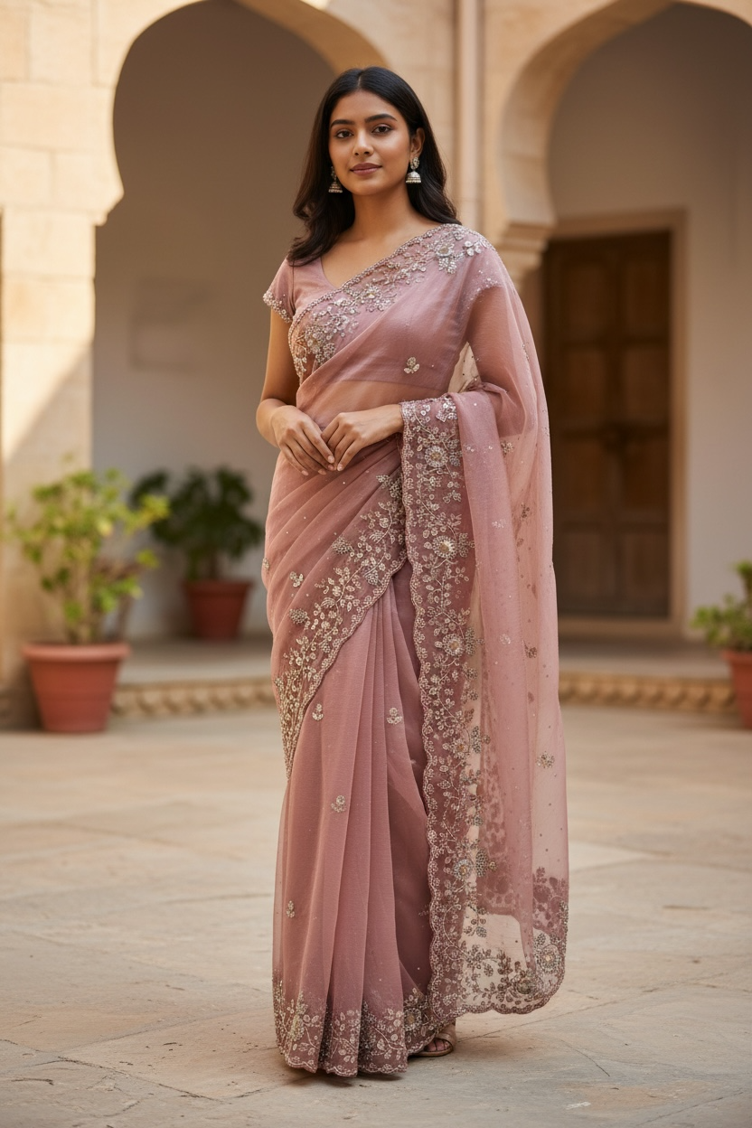Coral - Rich Saree with Bead Embroidery and Blouse Piece - UK stock - 24hr Dispatch - RS2523 TH