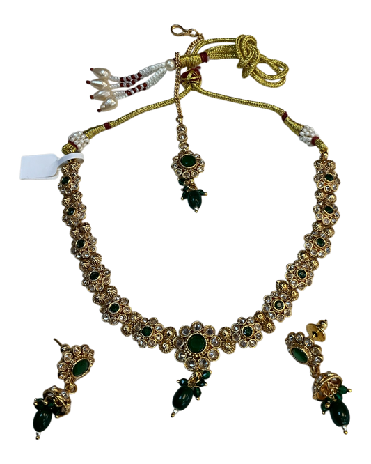 Green - Medium Size Gold Finish Necklace Set with Earrings & Head Piece - SLV90 04Cp26