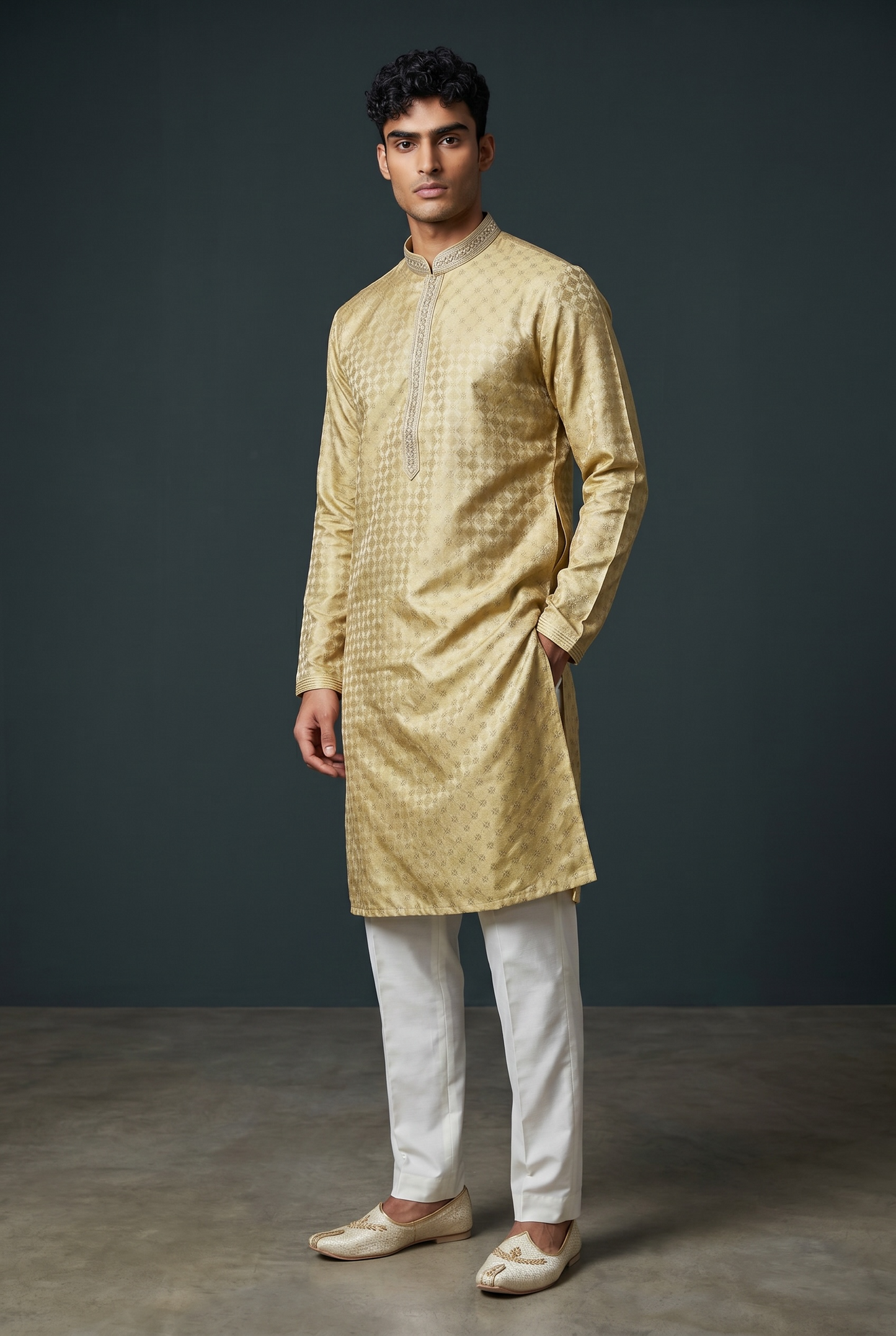 Light Pastel Yellow - Banarasi Handloom Brocade Mens Indian Kurta set with Trousers - UK Stock - Weddings / Walimas , Sangeet, Diwali, Eid, Mehndi / Henna - VEE2613 VR