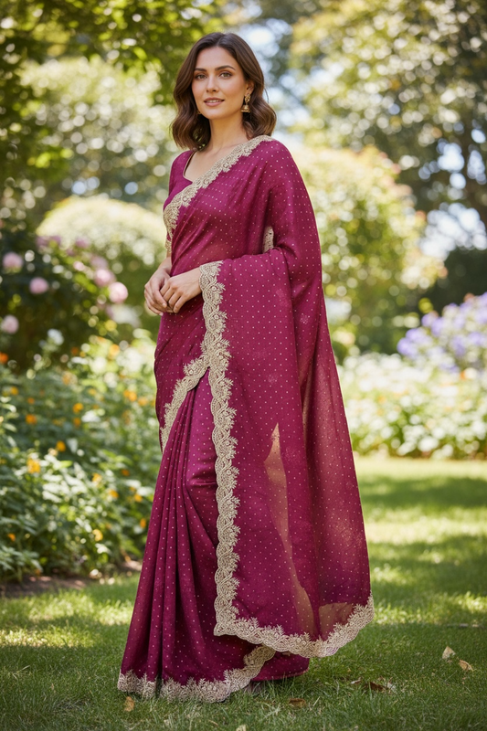 Wine - Fancy Embroidered Saree with Blouse Piece - UK stock - 24hr Dispatch - SP250633 KA