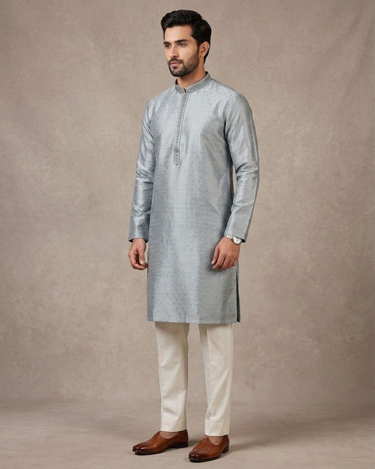 Light Grey / Silver - Men’s Embroidered Jacquard Kurta Set with Trousers - UK Stock - Weddings / Walimas , Sangeet, Diwali, Eid, Mehndi / Henna - VEE3010 KH