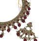 Red - Medium Size Antique Gold Finish Necklace Set with Earrings - HR1008  KK 0424