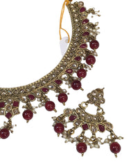 Red - Medium Size Antique Gold Finish Necklace Set with Earrings - HR1008  KK 0424