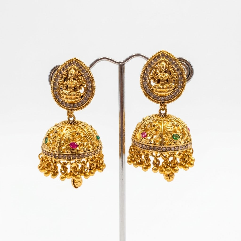 Multi Coloured - Gold Finish Temple Lakshmi & Peafowl Jhumka Earrings    - Bollywood - Weddings - 15ER221 09Ap26