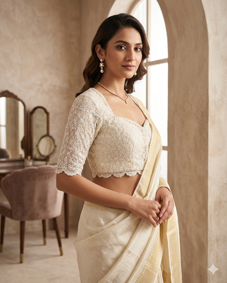 Size 36" / UK 10 - Cream - Shimmery Crinkle Halter Neck Saree blouse with cups - UK Stock - Quick Delivery - RNK - N621-KJ