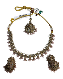 Pink - Medium Size Antique Gold Finish Necklace Set with Earrings & Head Piece - RAK436 04A26