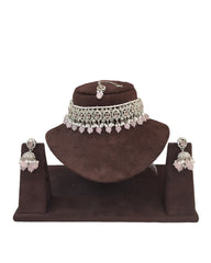 Pink - Medium Size Silver Finish Choker Necklace Set with Earrings - RAK149  C 0424