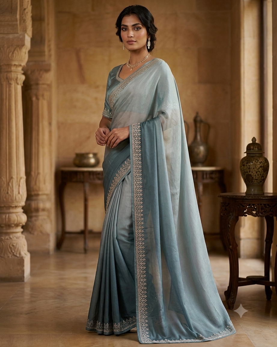 Sea Green - Saree with Thread / Stone Embroidery and Blouse Piece - UK stock - 24hr Dispatch - SP2620 KC
