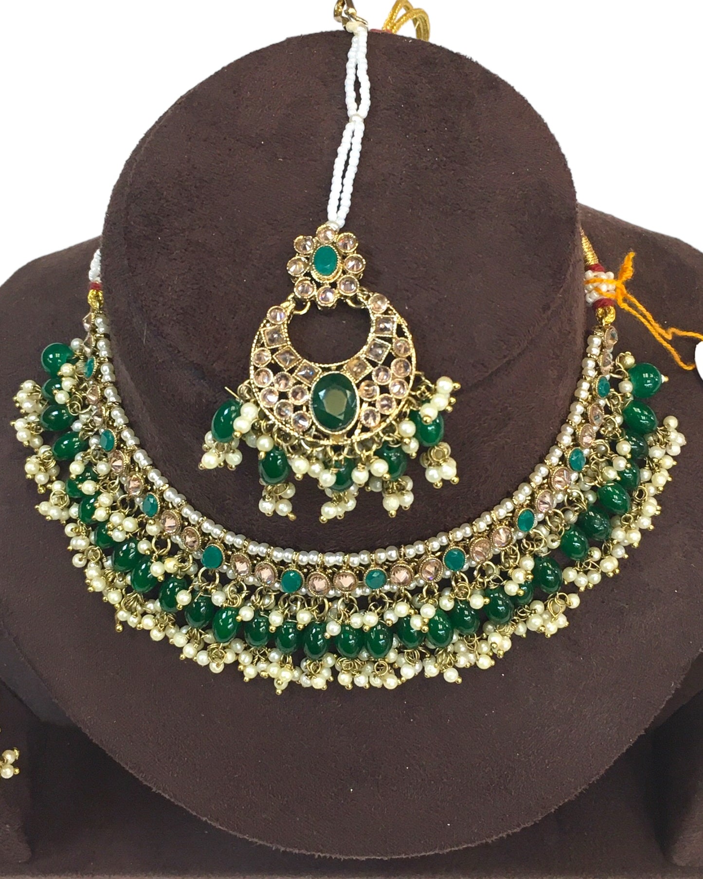 Green - Large Size Antique Gold Finish Necklace Set with Earrings - JE18  C 0424