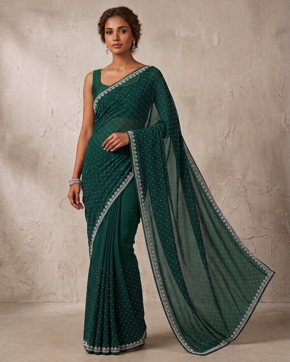 Bottle Green - Fancy Party Saree with Blouse Piece - UK stock - 24hr Dispatch - SP2625 VY