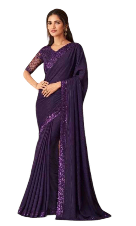 Purple - Crepe Silky Saree with Fancy Ready made Blouse - ANM12007 VA 1123