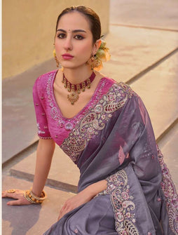 Purple - Chiffon Saree with Fancy Ready made Blouse - TAT6909  TR 0624