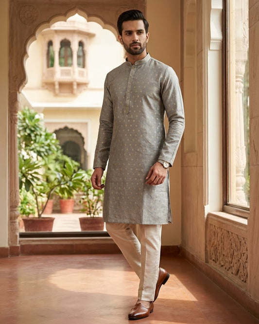 Light Grey / Silver - Men’s Embroidered Jacquard Kurta Set with Trousers - UK Stock - Weddings / Walimas , Sangeet, Diwali, Eid, Mehndi / Henna - VEE2777 KC