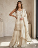 UK 16 / 42" - Cream / Light Gold - Crepe Ladies Sharara / Palazzo Trousers Suit - Sangeet / Henna / Temple - OC76137 TA