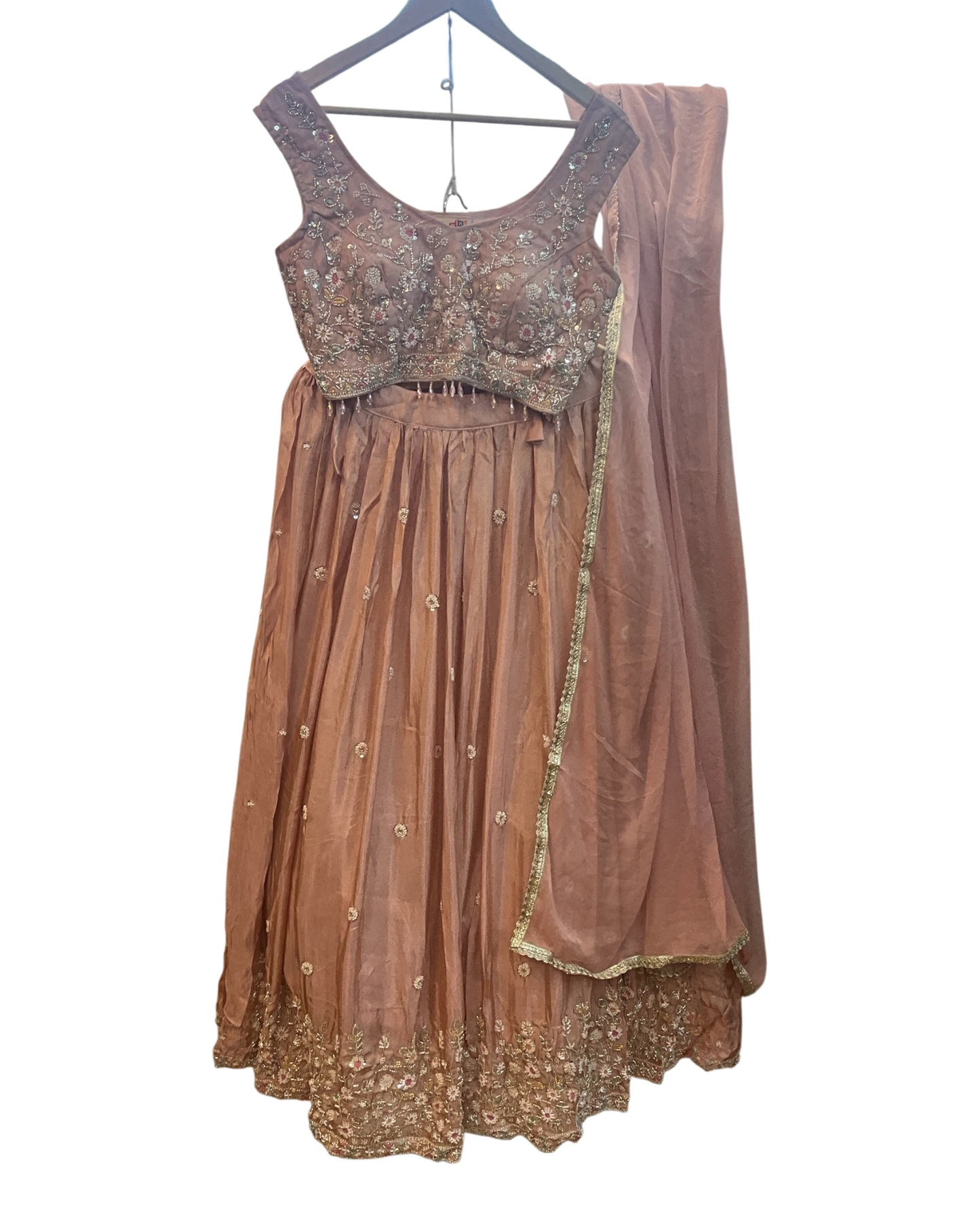 Size UK 10 (36" Bust) Adjustable to Size 12 - Pastel Coral Pink / Peach - Silky Lehenga Set - Mehndi / Sangeet / Bridesmaids / Weddings / Garba  - UK Stock - 24h Dispatch - KM557 07TP26