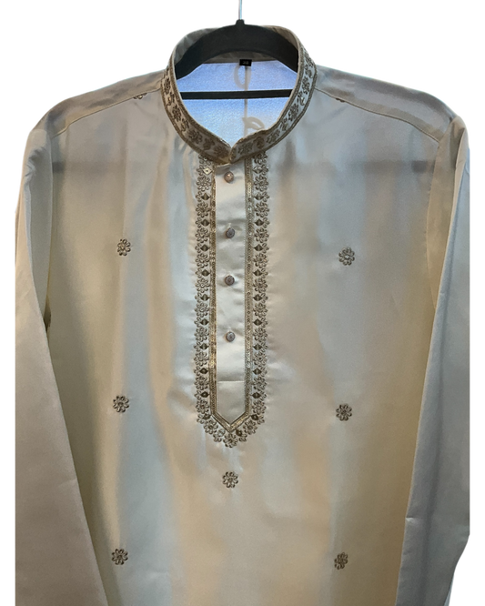 Off White / Cream - Soft Cotton Silky Mens Kurta Set with Neck Thread Embroidery- Sangeet Mehendi Haldi - KCS1019 06KC26