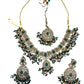Teal / Bottle Green - Large - Antique Gold Finish Necklace Set with Earrings & Head Piece - AE2512 08KV25