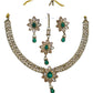 Green - Medium Size Antique Gold Finish Necklace Set with Earrings & Head Piece /Tika- SLV80  11H24