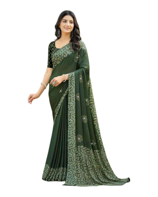 Bottle Green - Chiffon Printed Saree with Blouse Piece - UK stock - 24hr Dispatch - LTF102 07KT26