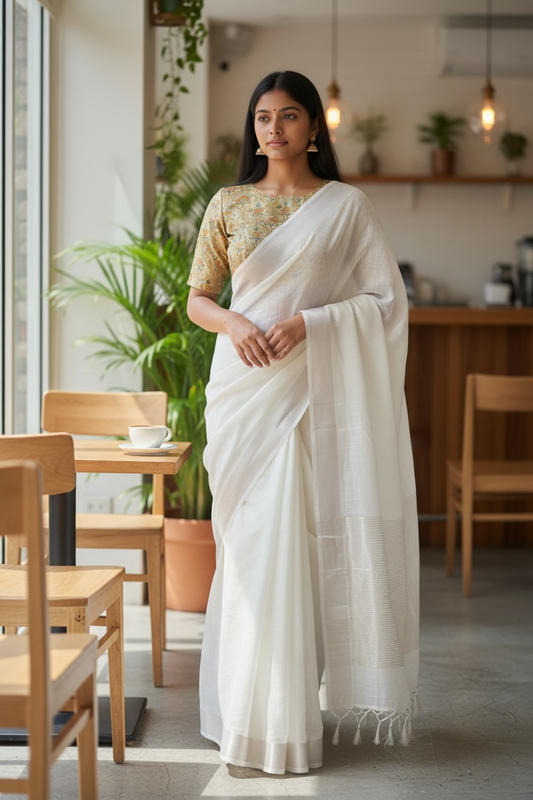 Cream - Fancy Cotton Silky Saree with Brocade Blouse Piece - UK Stock - 2/3 days Delivery  12KP25 RT411006